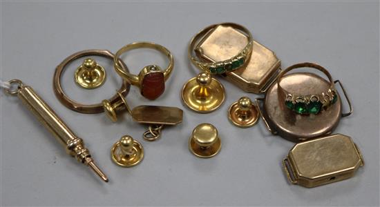 Assorted gold jewellery and other items including 18ct gold studs and ring and 9ct gold items including watch cases